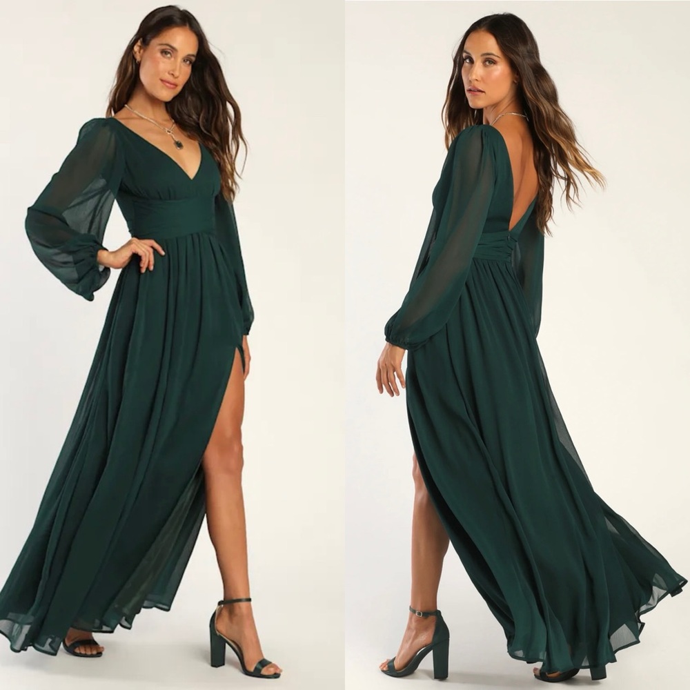LULUS Enchant My Love Emerald Green V-Neck Long Sleeve Maxi Dress